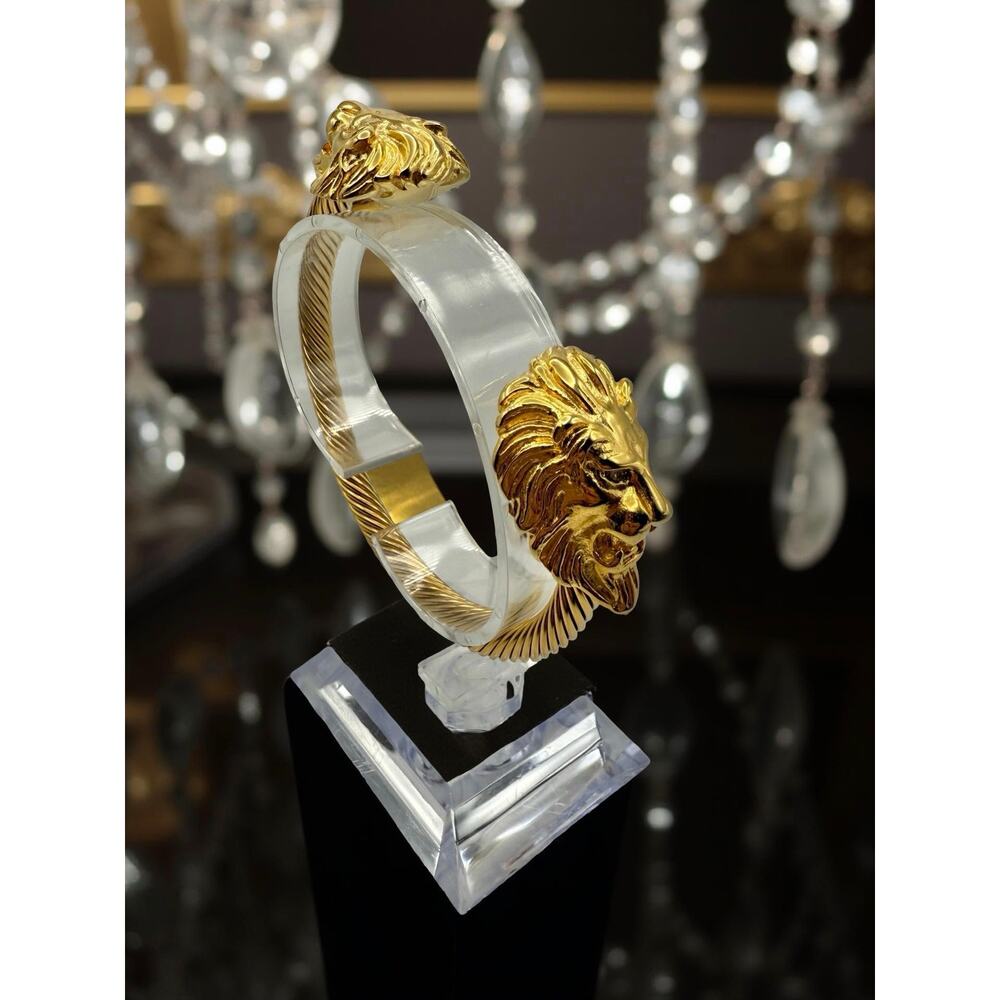 Gold Plated Double Lion Head Bangle Bracelet 7” Contemporary